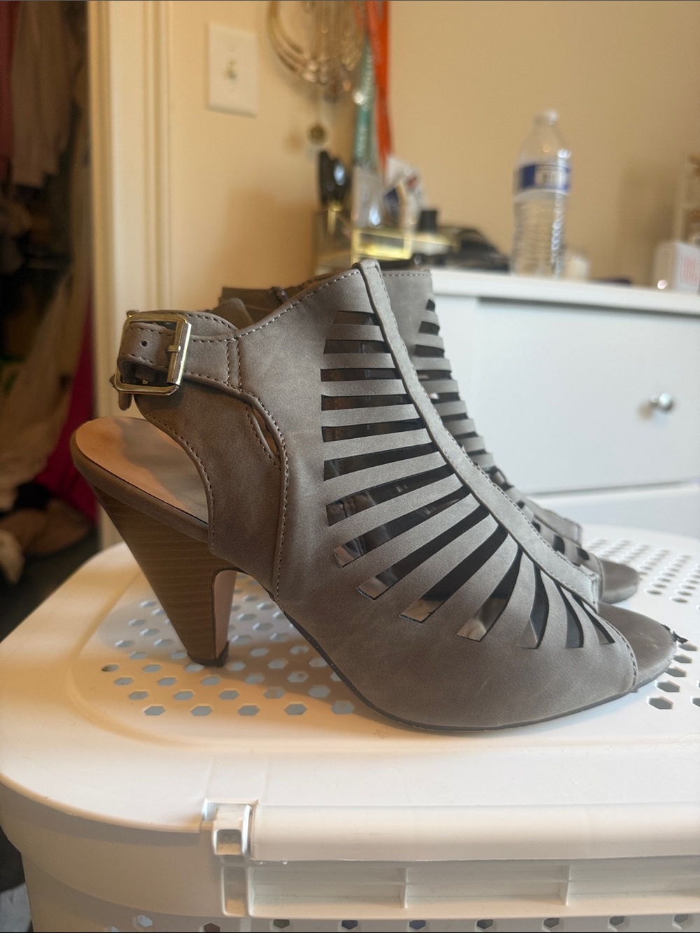 Charles Albert Gray Cutout Peep-Toe Slingback Heels